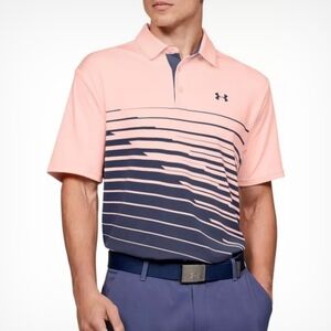 UNDER ARMOUR PLAYOFF 2.0 MEN'S GOLF STRIPED POLO. SIZE XLARGE. PEACH/ NAVY BLUE.